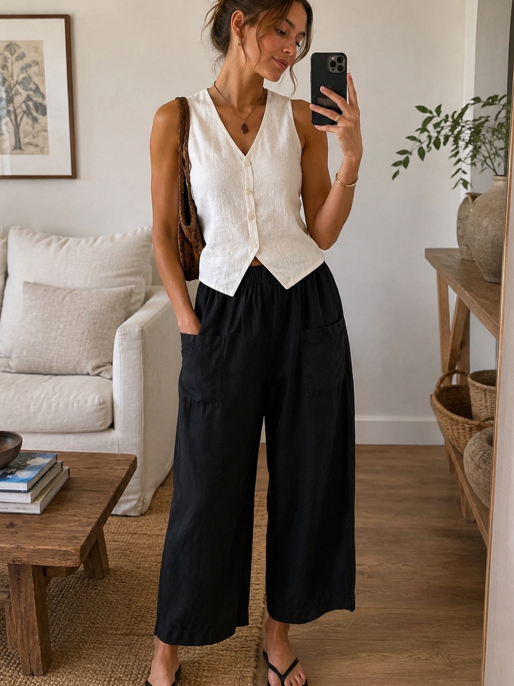 Hot Cotton Lagenlook Black Linen Blend Wide Leg Crop Pants Sz L Made in USA